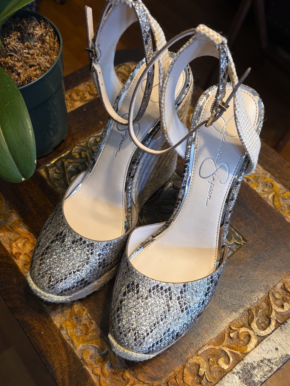 Jessica Simpson Silver Snakeskin Espadrille Wedge Sandals